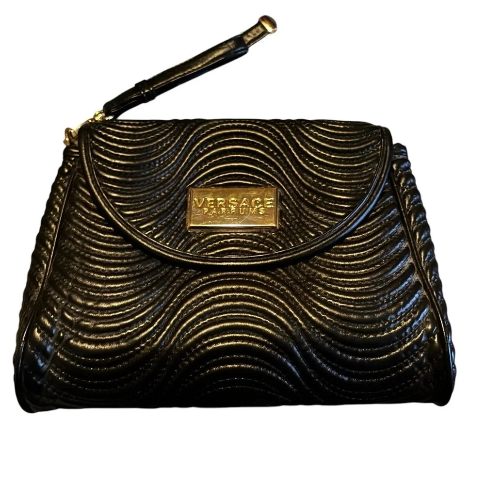 Versace Parfums Quilted Pouch/Wristlet-Black w/Gold Plate & Accents